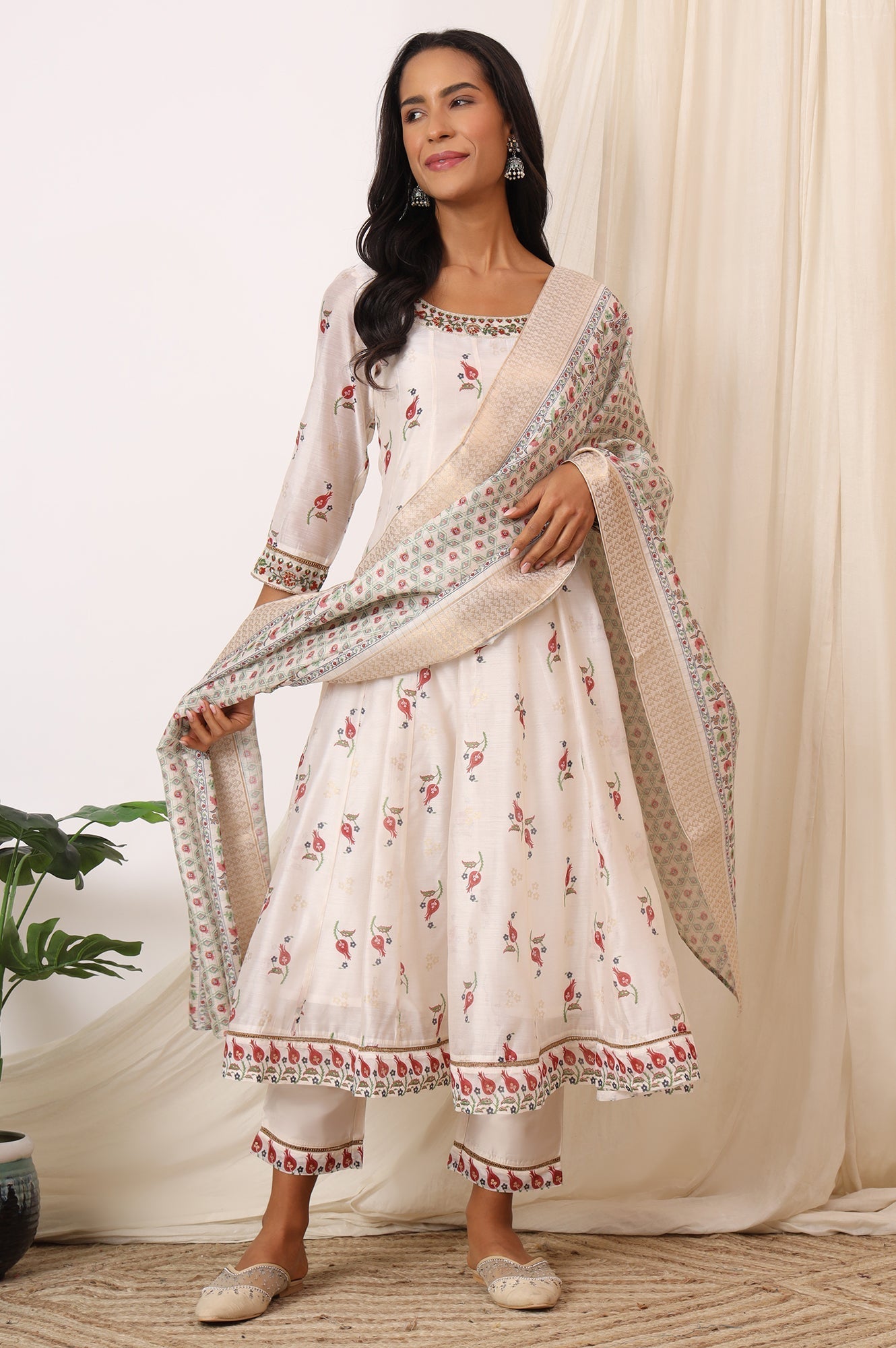 W for Woman White Floral Printed Chanderi Anarkali Kurta, Pants and Dupatta Set