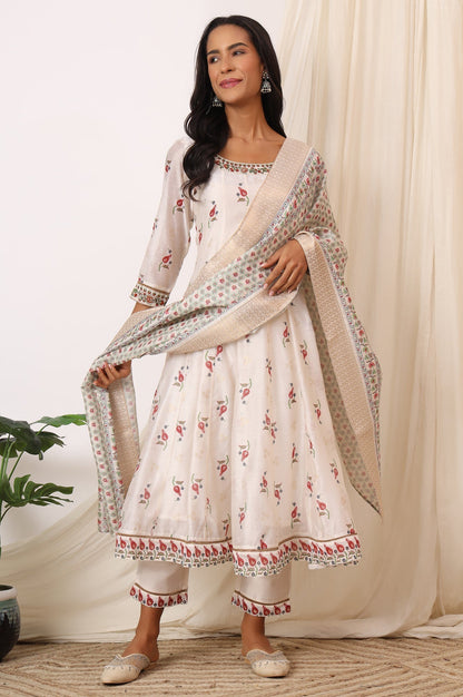 W for Woman White Floral Printed Chanderi Anarkali Kurta, Pants and Dupatta Set