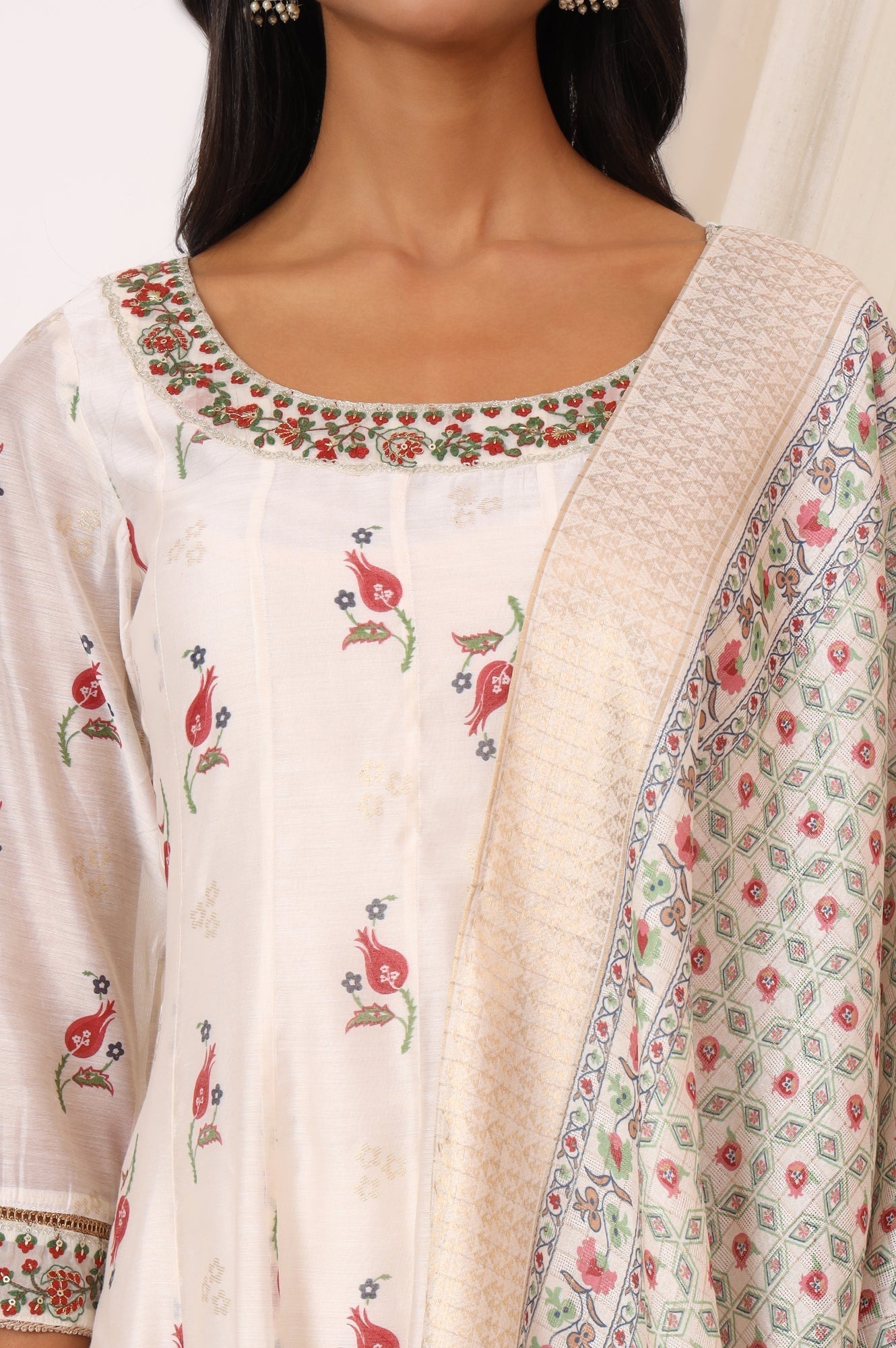 W for Woman White Floral Printed Chanderi Anarkali Kurta, Pants and Dupatta Set