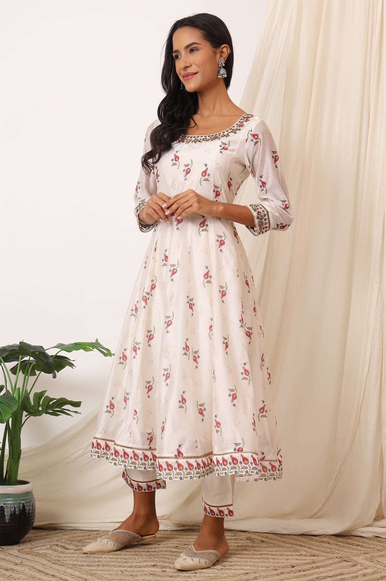 W for Woman White Floral Printed Chanderi Anarkali Kurta, Pants and Dupatta Set