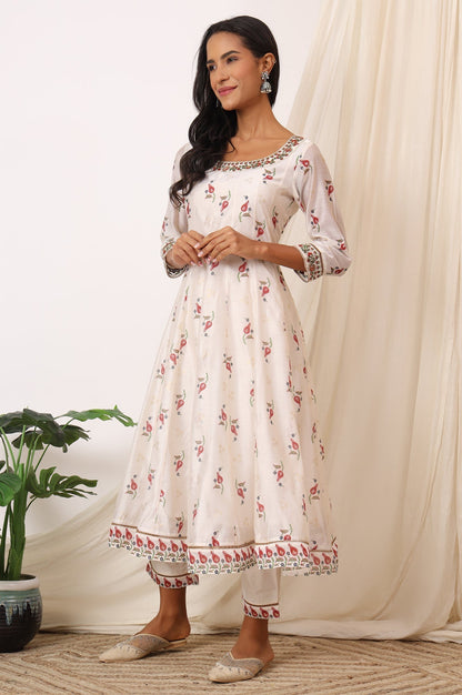 W for Woman White Floral Printed Chanderi Anarkali Kurta, Pants and Dupatta Set