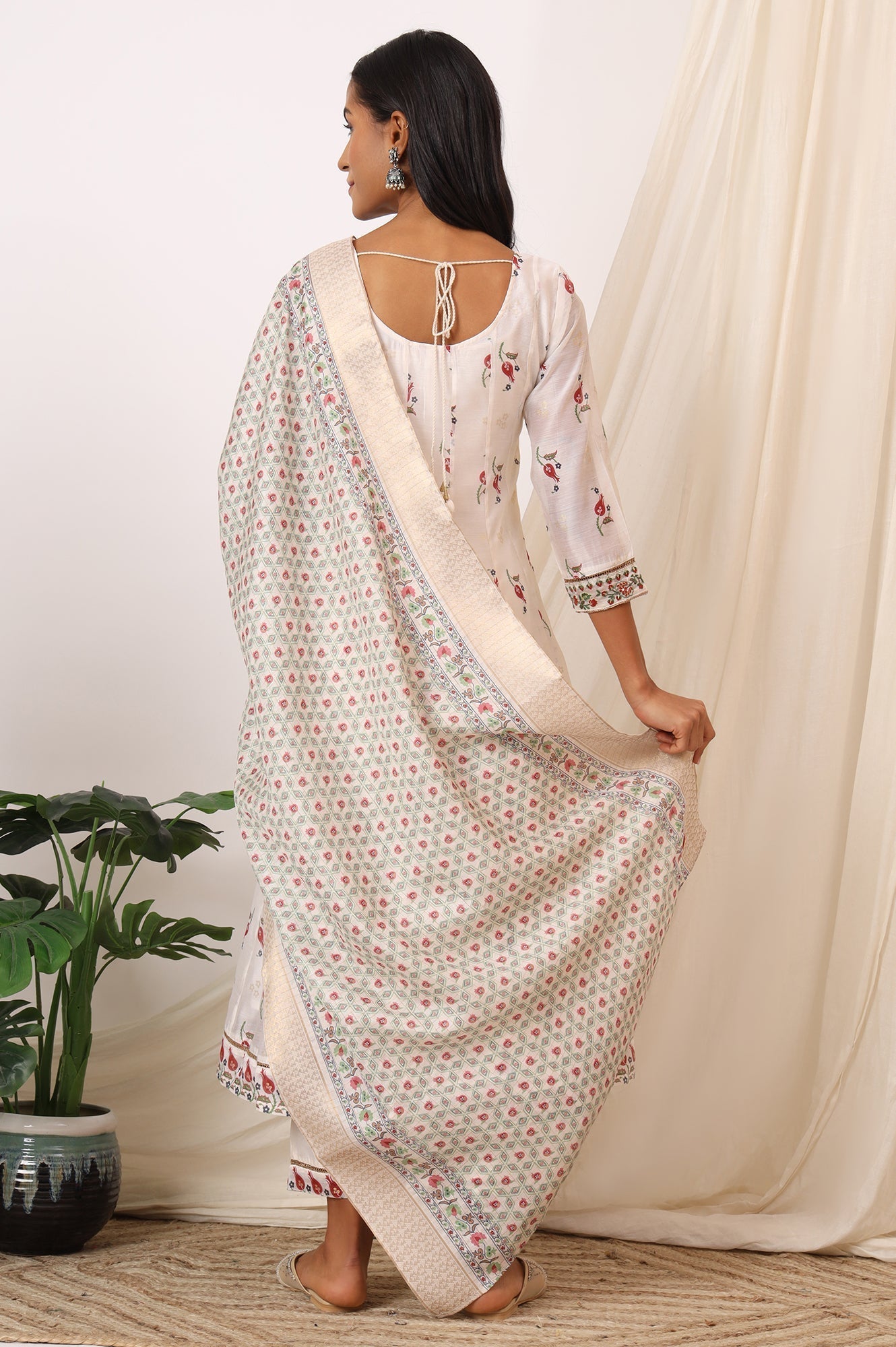 W for Woman White Floral Printed Chanderi Anarkali Kurta, Pants and Dupatta Set