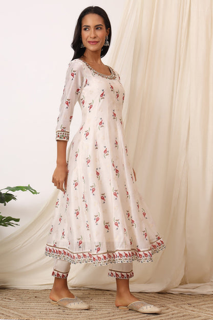 W for Woman White Floral Printed Chanderi Anarkali Kurta, Pants and Dupatta Set