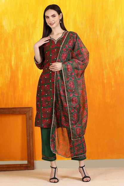 W for Woman Green Printed Zari Embroidered Straight Kurta with Pants and Organza Dupatta