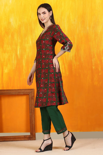 W for Woman Green Printed Zari Embroidered Straight Kurta with Pants and Organza Dupatta