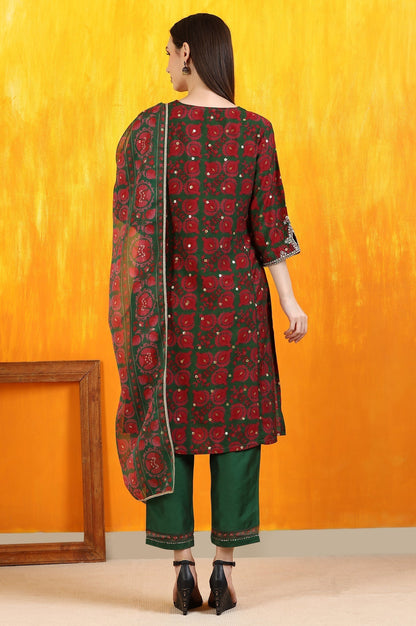 W for Woman Green Printed Zari Embroidered Straight Kurta with Pants and Organza Dupatta
