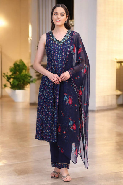 W for Woman Deep Blue Floral Foil Printed Sleeveless Rayon Anarkali Kurta, Straight Pants and Dupatta Set