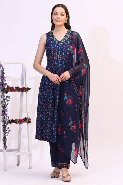 W for Woman Deep Blue Floral Foil Printed Sleeveless Rayon Anarkali Kurta, Straight Pants and Dupatta Set