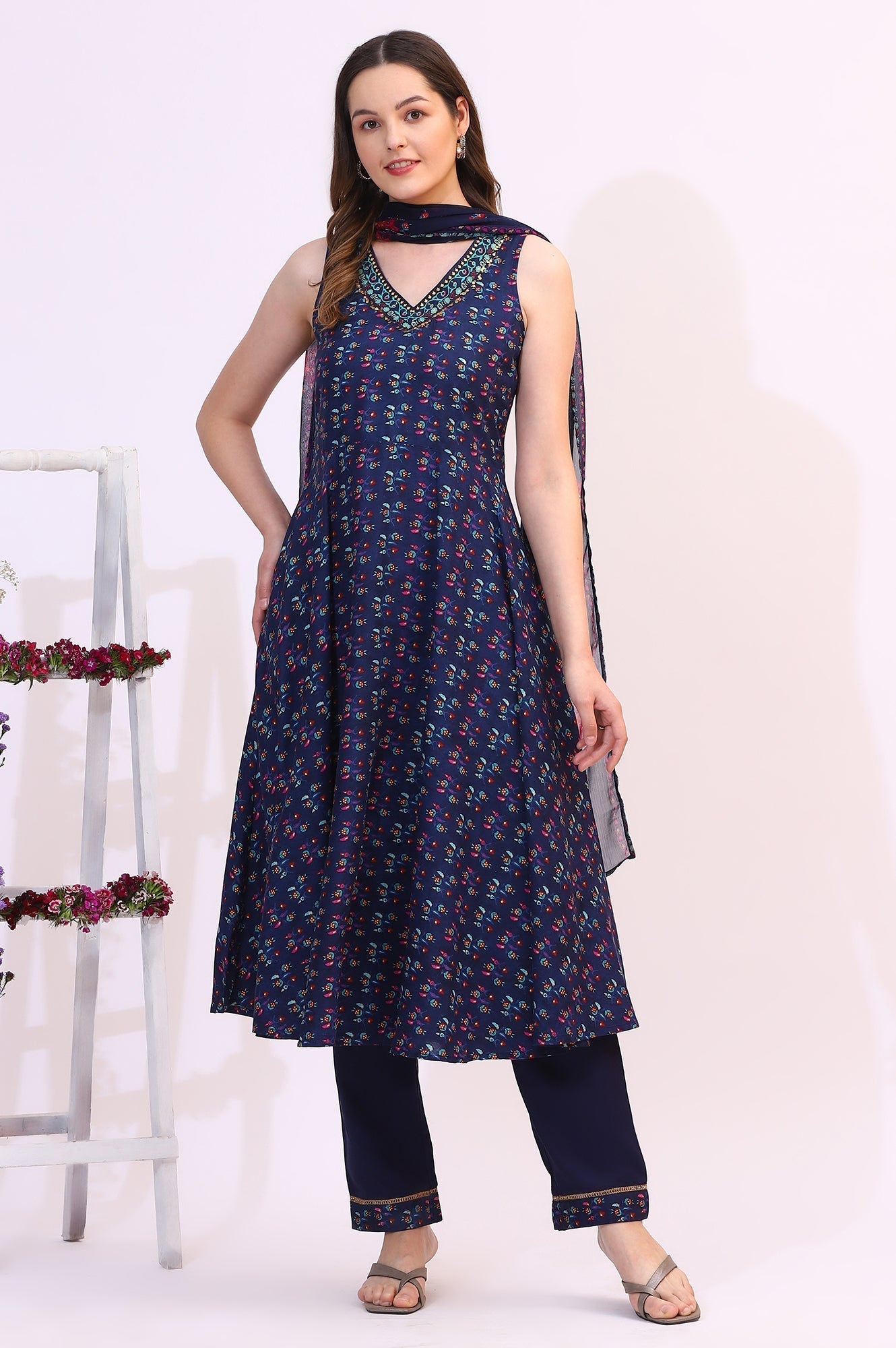 W for Woman Deep Blue Floral Foil Printed Sleeveless Rayon Anarkali Kurta, Straight Pants and Dupatta Set