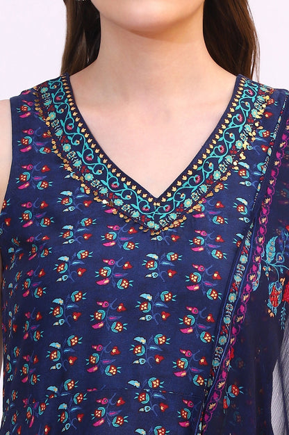 W for Woman Deep Blue Floral Foil Printed Sleeveless Rayon Anarkali Kurta, Straight Pants and Dupatta Set