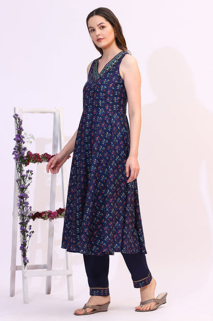 W for Woman Deep Blue Floral Foil Printed Sleeveless Rayon Anarkali Kurta, Straight Pants and Dupatta Set