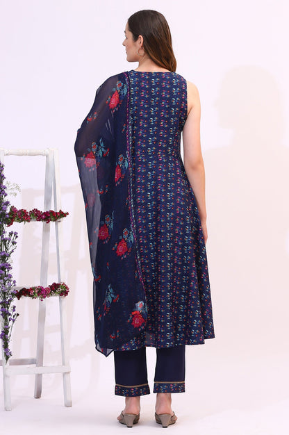 W for Woman Deep Blue Floral Foil Printed Sleeveless Rayon Anarkali Kurta, Straight Pants and Dupatta Set