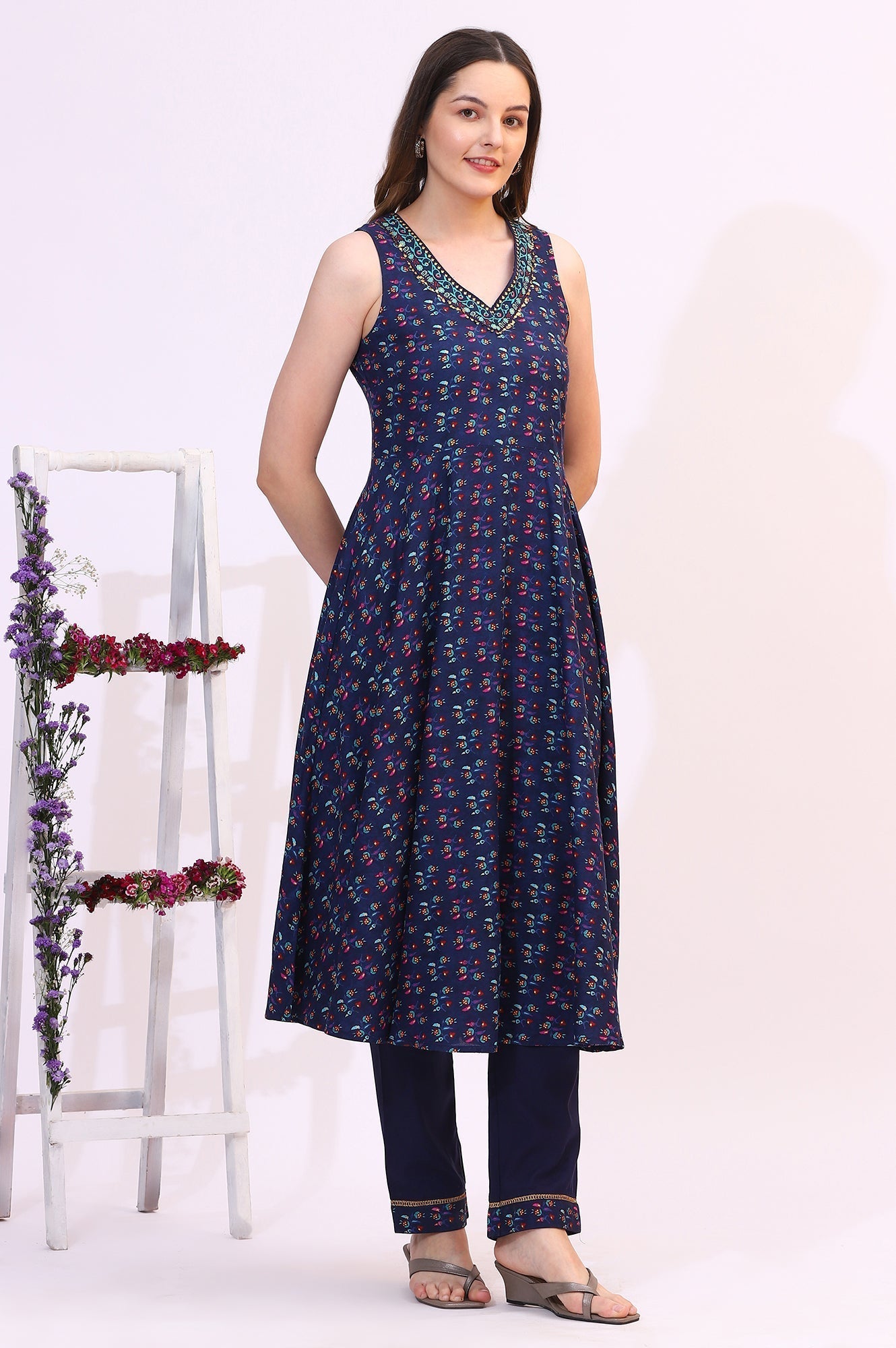 W for Woman Deep Blue Floral Foil Printed Sleeveless Rayon Anarkali Kurta, Straight Pants and Dupatta Set