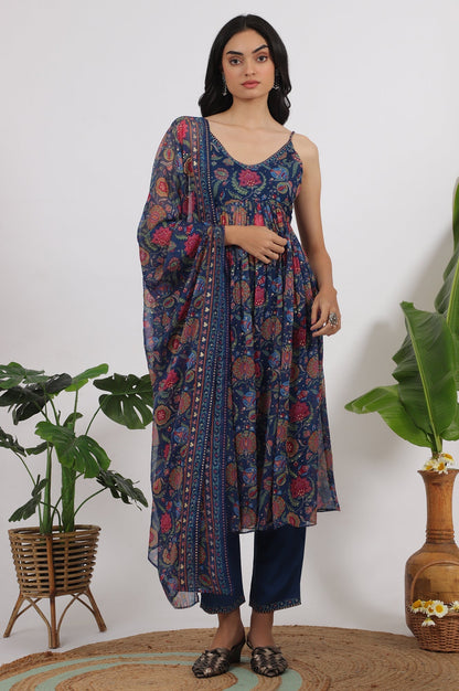 W for Woman Blue Floral Printed Chiffon Spaghetti Kurta, Pants and Dupatta Set