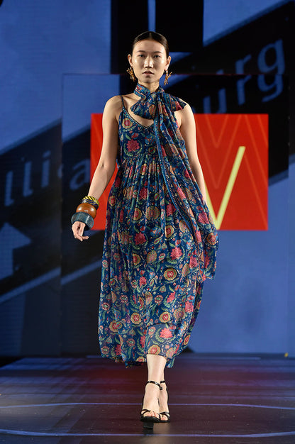 W for Woman Blue Floral Printed Chiffon Spaghetti Kurta, Pants and Dupatta Set