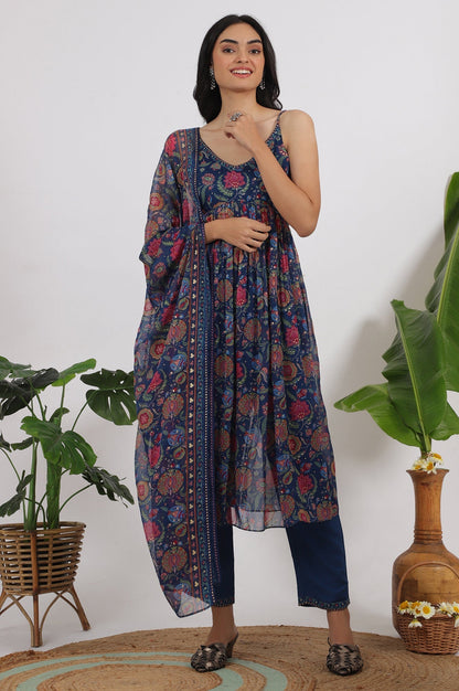 W for Woman Blue Floral Printed Chiffon Spaghetti Kurta, Pants and Dupatta Set