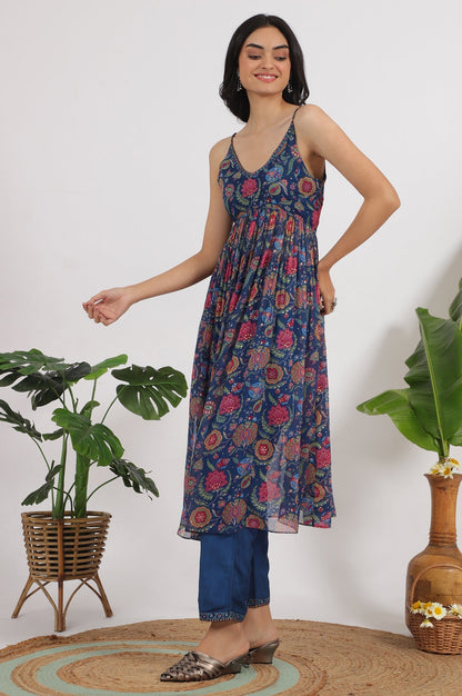 W for Woman Blue Floral Printed Chiffon Spaghetti Kurta, Pants and Dupatta Set