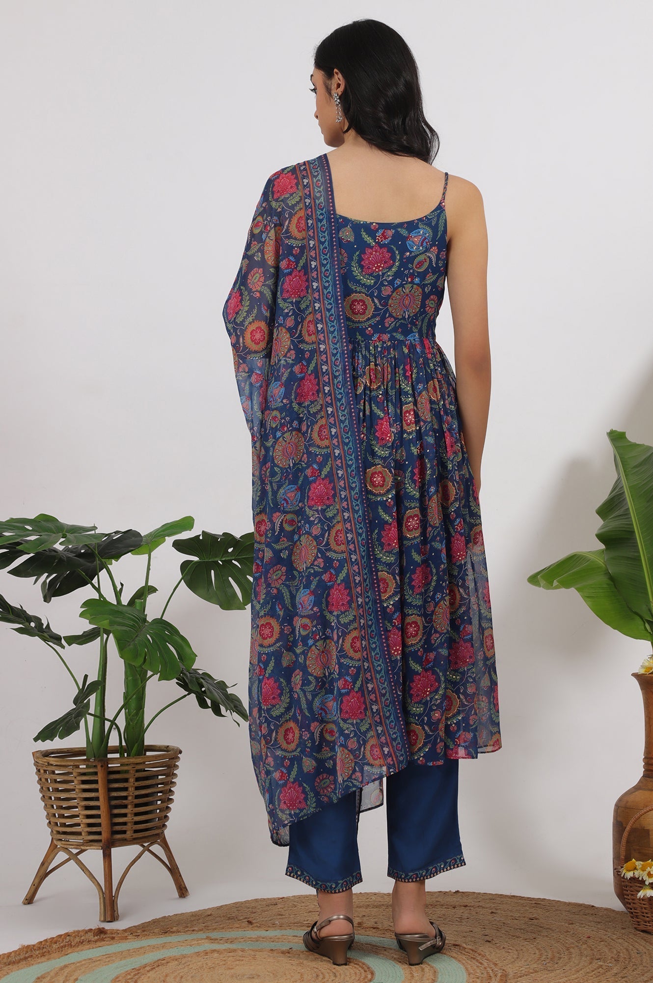 W for Woman Blue Floral Printed Chiffon Spaghetti Kurta, Pants and Dupatta Set