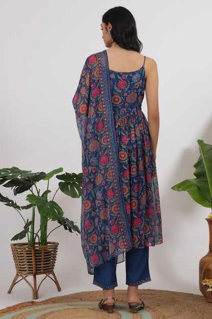 W for Woman Blue Floral Printed Chiffon Spaghetti Kurta, Pants and Dupatta Set