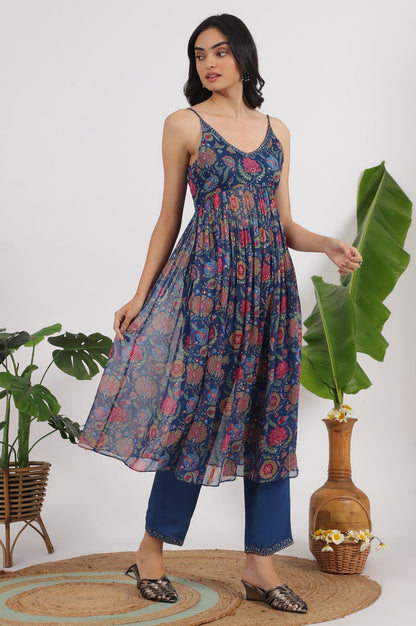 W for Woman Blue Floral Printed Chiffon Spaghetti Kurta, Pants and Dupatta Set