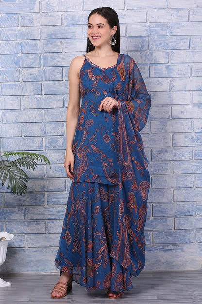 W for Woman Blue Paisley Printed Chiffon Spaghetti Flared Short Kurta, Sharara and Dupatta Set