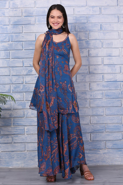 W for Woman Blue Paisley Printed Chiffon Spaghetti Flared Short Kurta, Sharara and Dupatta Set
