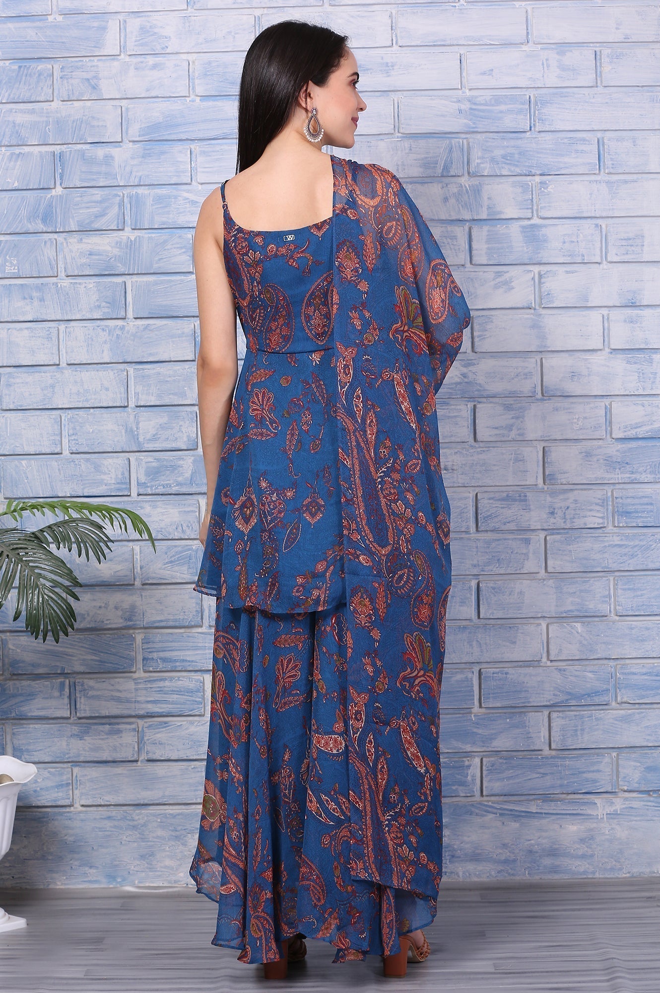 W for Woman Blue Paisley Printed Chiffon Spaghetti Flared Short Kurta, Sharara and Dupatta Set