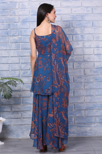 W for Woman Blue Paisley Printed Chiffon Spaghetti Flared Short Kurta, Sharara and Dupatta Set
