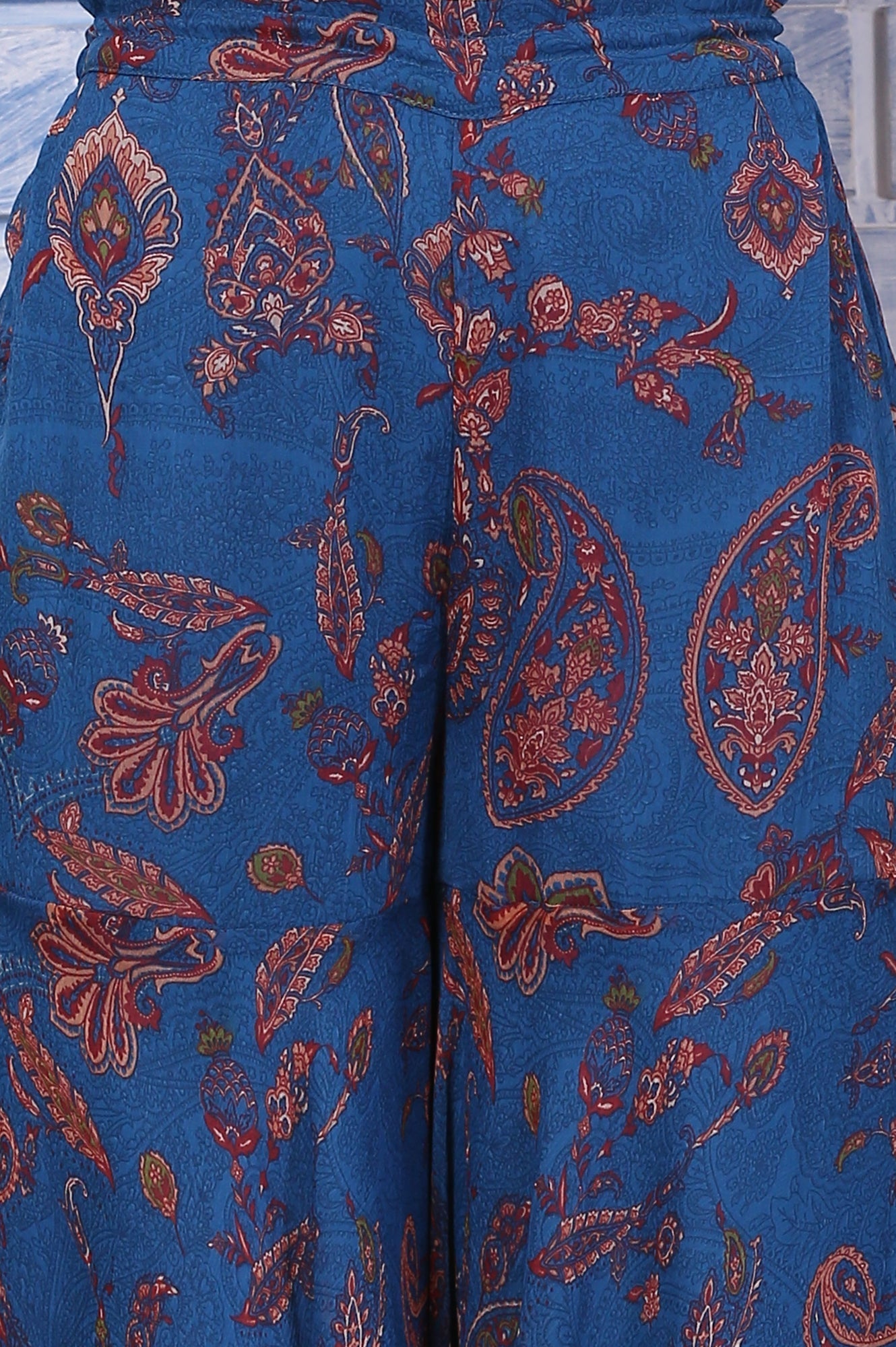 W for Woman Blue Paisley Printed Chiffon Spaghetti Flared Short Kurta, Sharara and Dupatta Set
