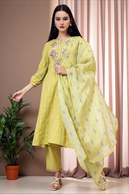 W for Woman Light Green Embroidered Textured Cotton Flared Kurta, Pants and Dupatta Set
