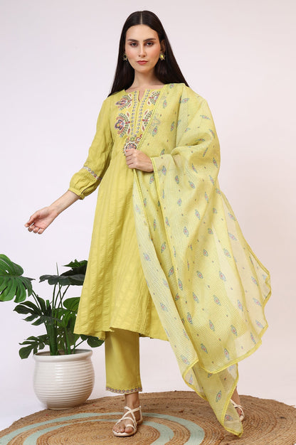 W for Woman Light Green Embroidered Textured Cotton Flared Kurta, Pants and Dupatta Set