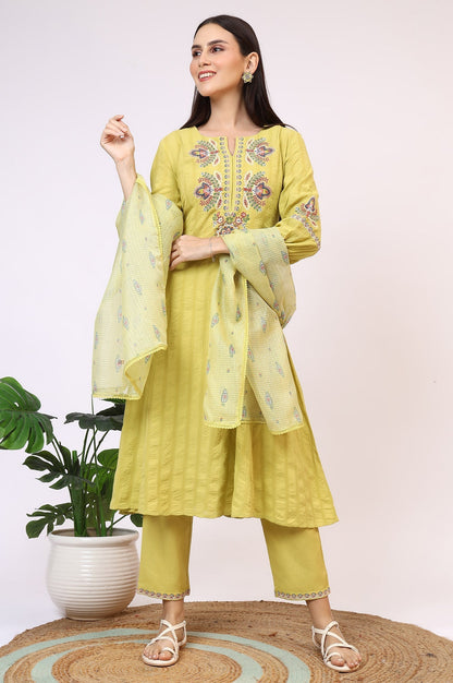 W for Woman Light Green Embroidered Textured Cotton Flared Kurta, Pants and Dupatta Set
