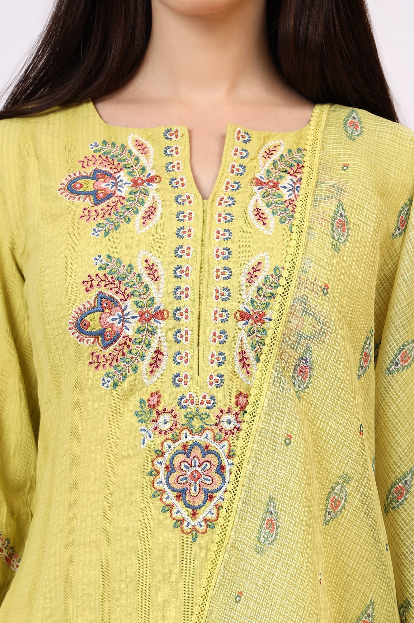 W for Woman Light Green Embroidered Textured Cotton Flared Kurta, Pants and Dupatta Set