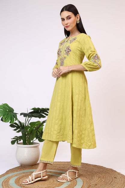 W for Woman Light Green Embroidered Textured Cotton Flared Kurta, Pants and Dupatta Set
