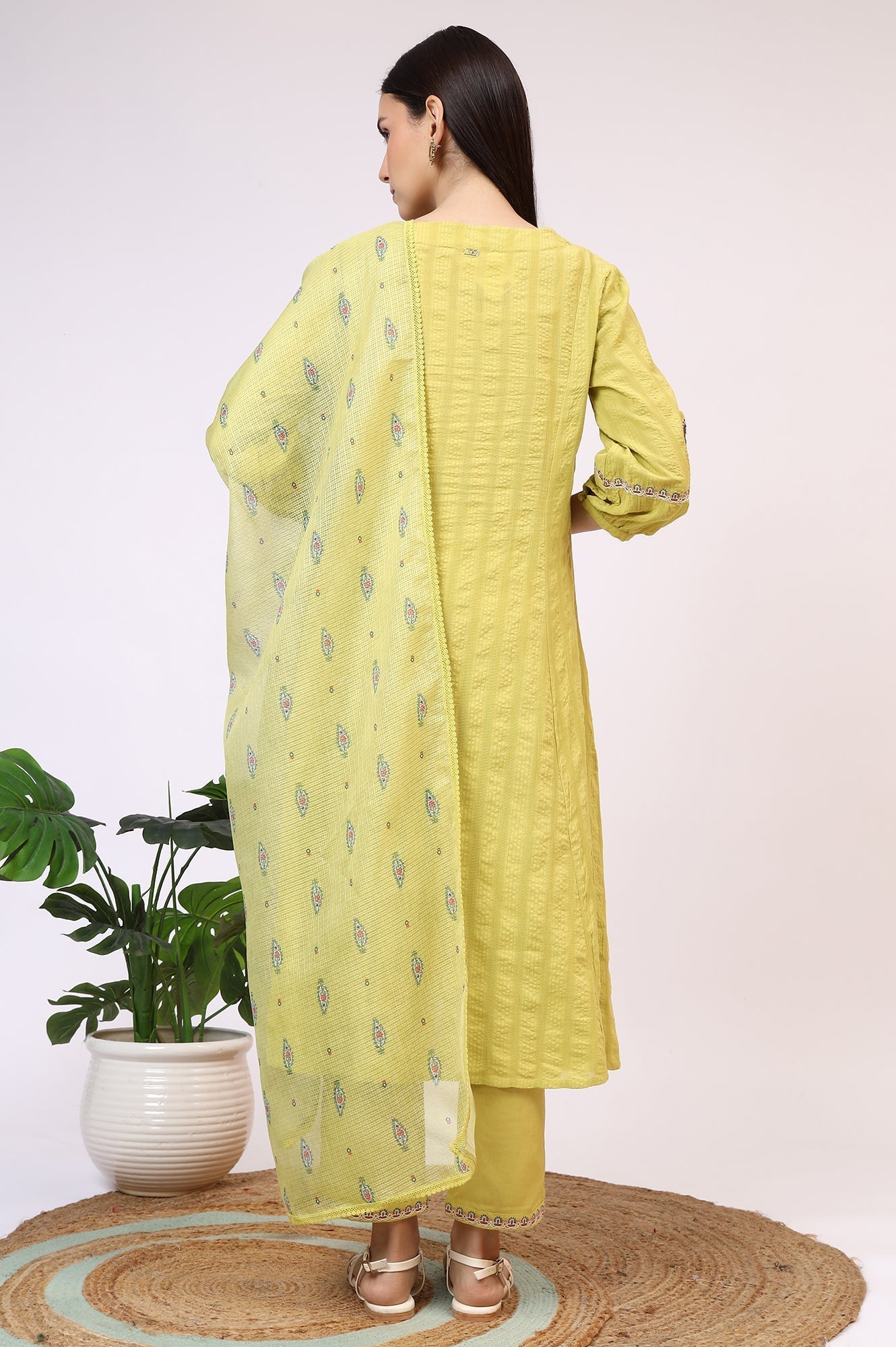 W for Woman Light Green Embroidered Textured Cotton Flared Kurta, Pants and Dupatta Set