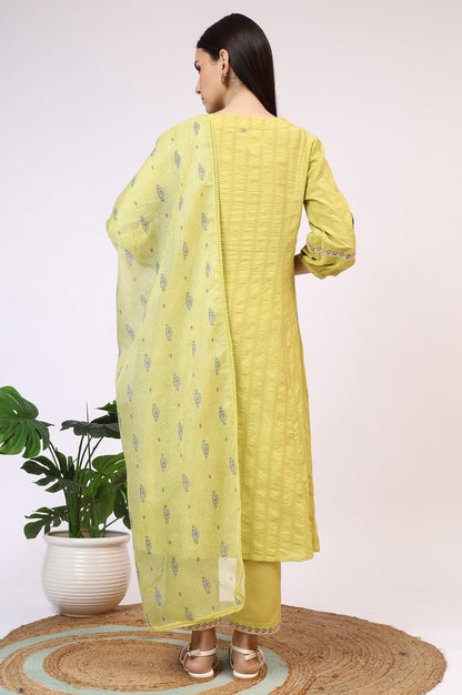 W for Woman Light Green Embroidered Textured Cotton Flared Kurta, Pants and Dupatta Set