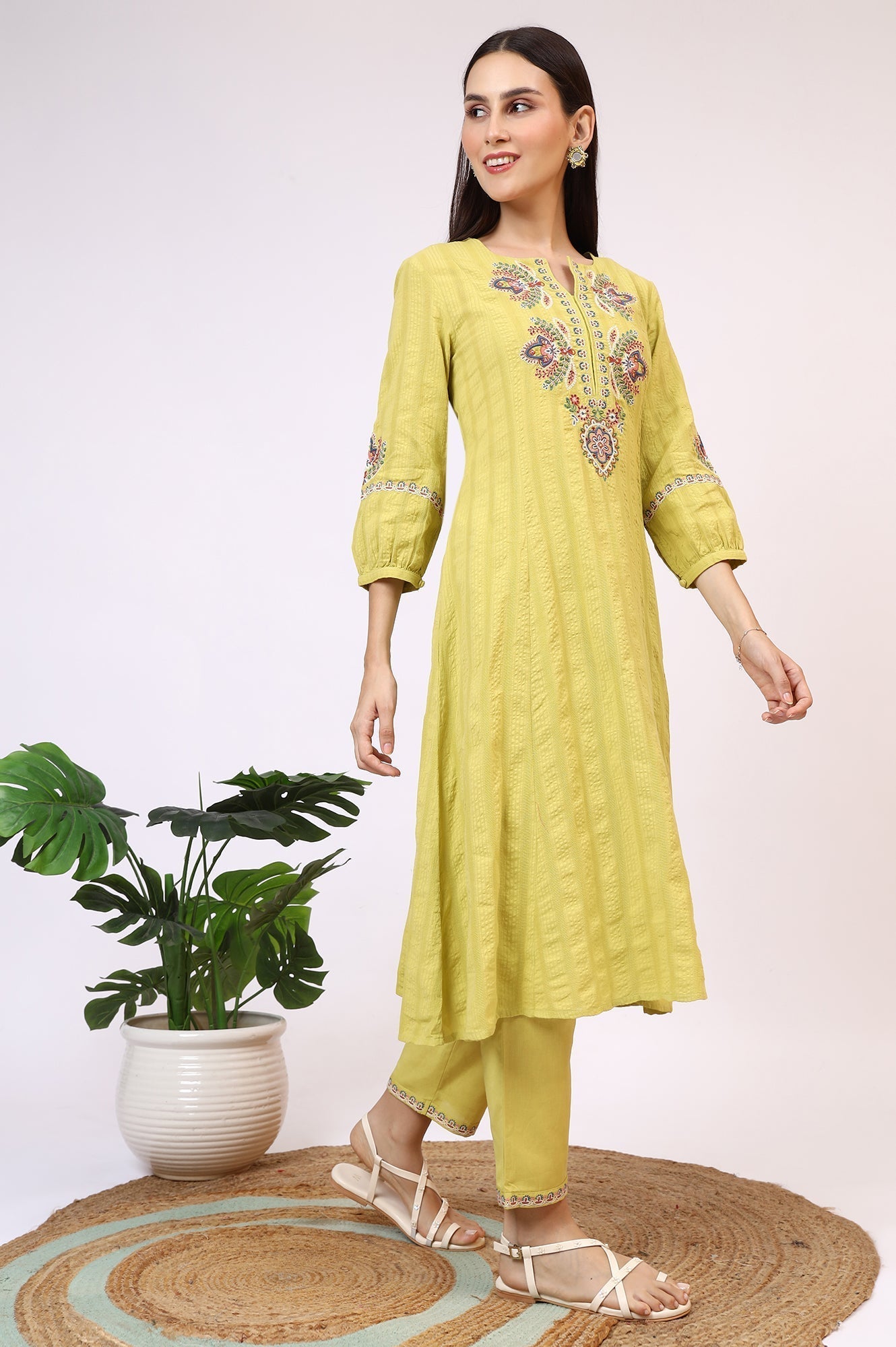 W for Woman Light Green Embroidered Textured Cotton Flared Kurta, Pants and Dupatta Set