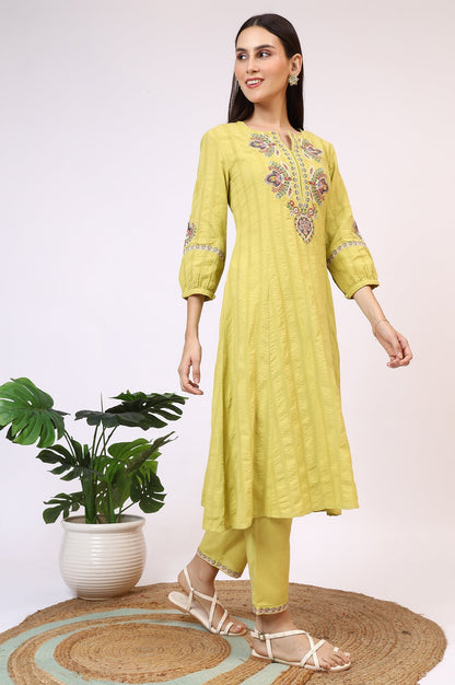 W for Woman Light Green Embroidered Textured Cotton Flared Kurta, Pants and Dupatta Set