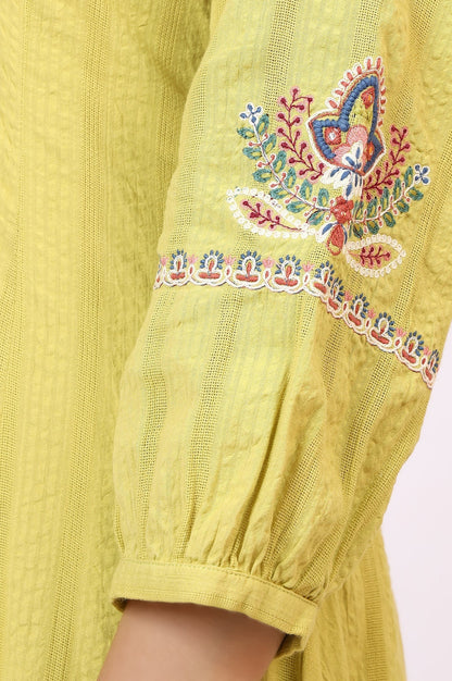 W for Woman Light Green Embroidered Textured Cotton Flared Kurta, Pants and Dupatta Set