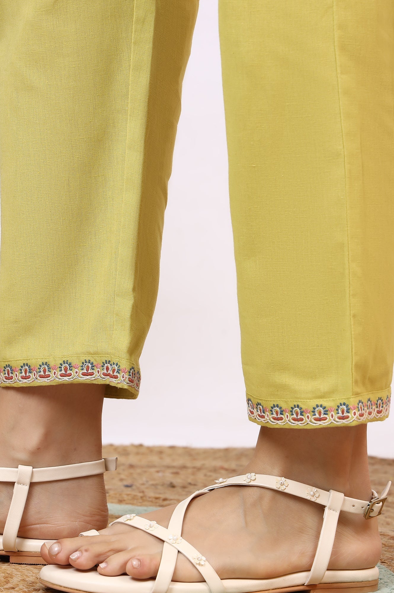 W for Woman Light Green Embroidered Textured Cotton Flared Kurta, Pants and Dupatta Set