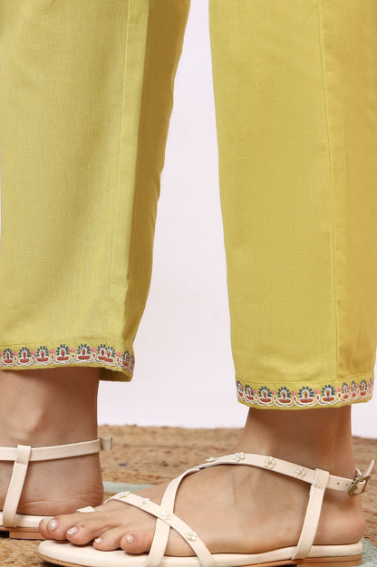 W for Woman Light Green Embroidered Textured Cotton Flared Kurta, Pants and Dupatta Set