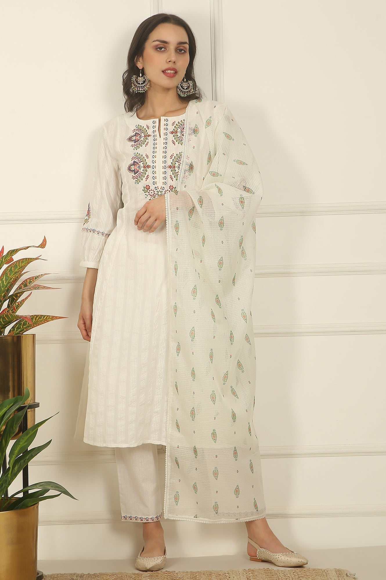 W for Woman White Thread Embroidered Pure Cotton Flared Kurta, Pants and Dupatta Set