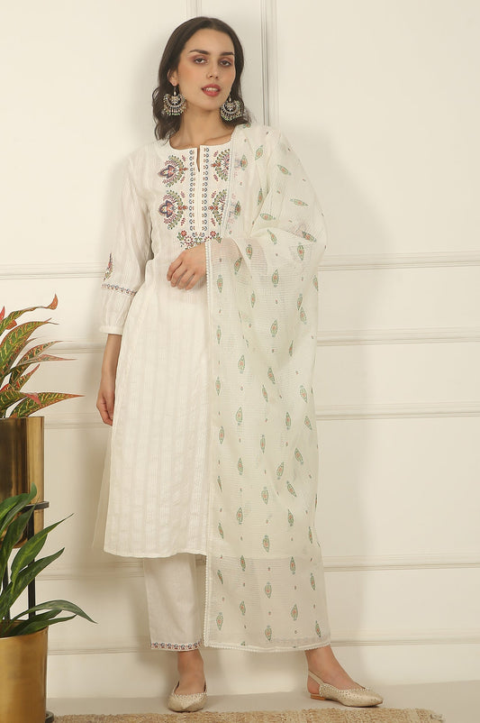 W for Woman White Thread Embroidered Pure Cotton Flared Kurta, Pants and Dupatta Set