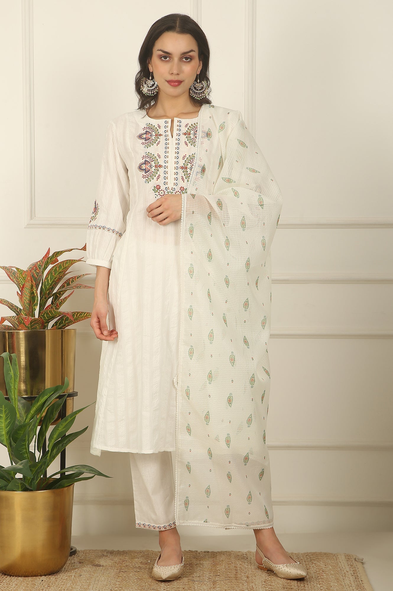 W for Woman White Thread Embroidered Pure Cotton Flared Kurta, Pants and Dupatta Set