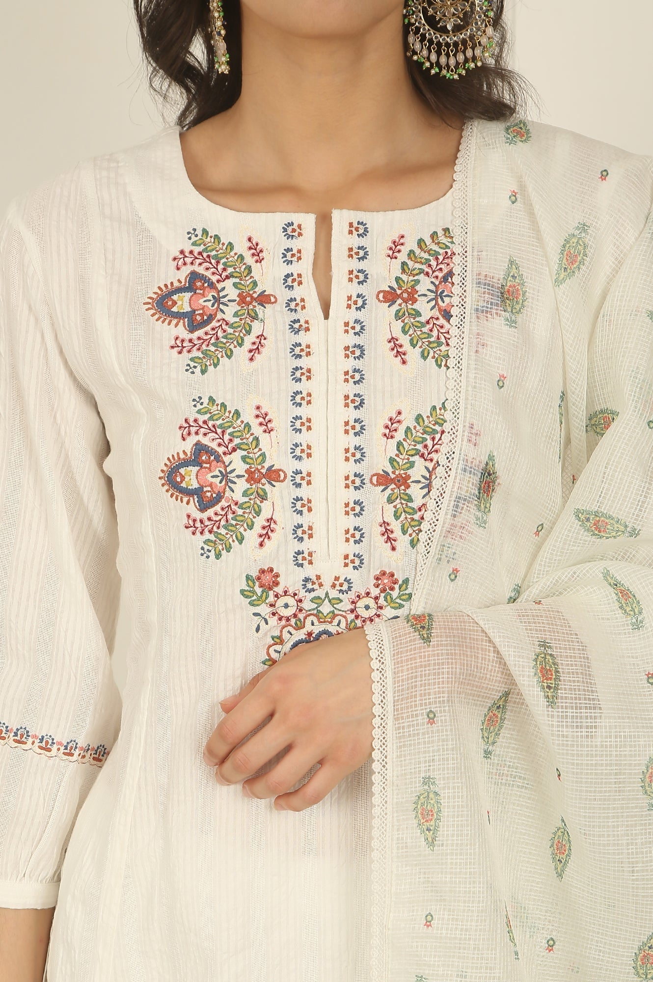 W for Woman White Thread Embroidered Pure Cotton Flared Kurta, Pants and Dupatta Set