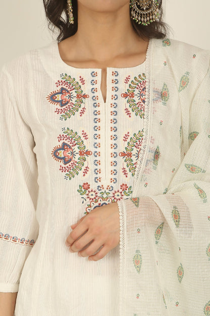 W for Woman White Thread Embroidered Pure Cotton Flared Kurta, Pants and Dupatta Set