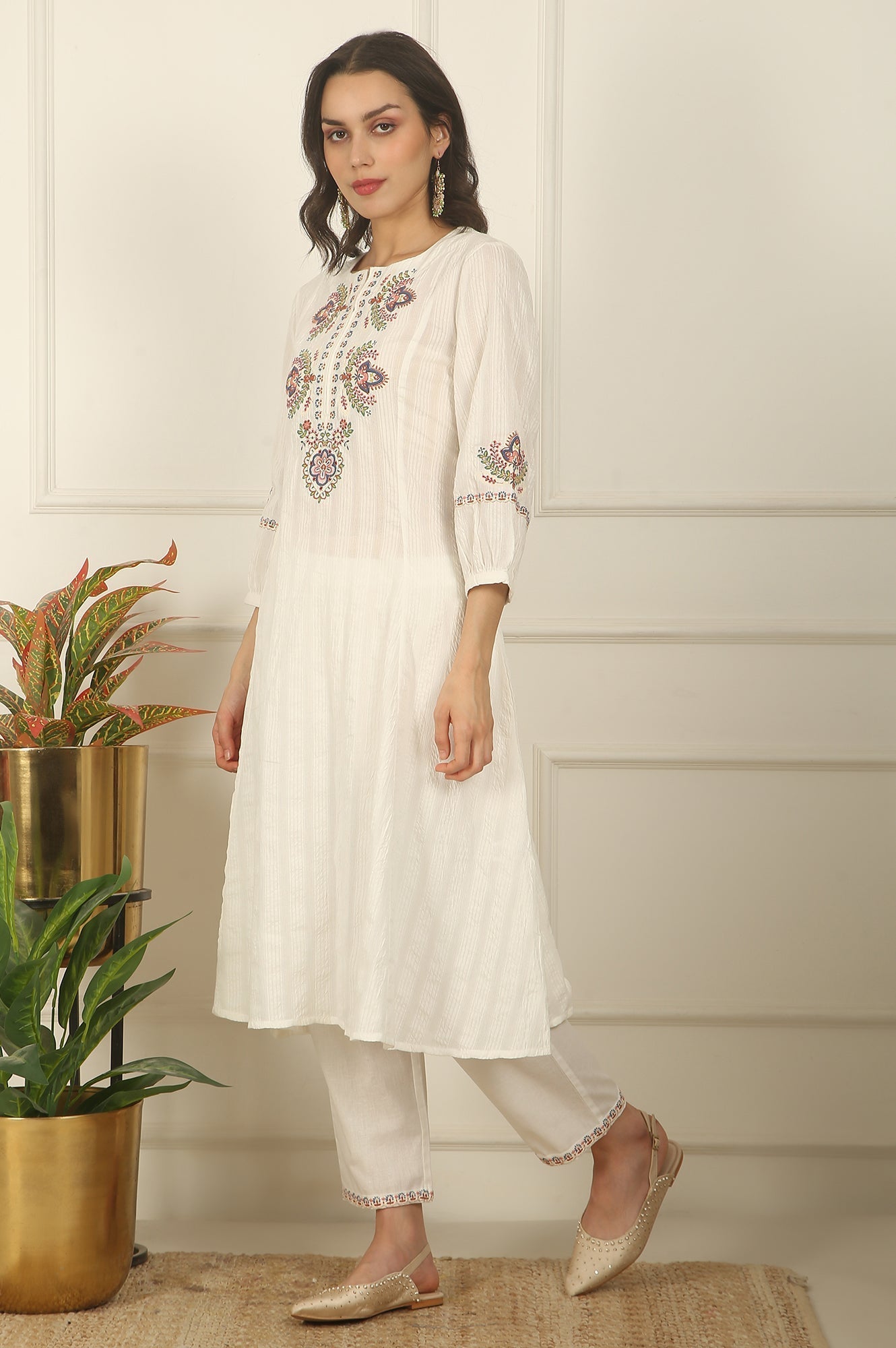 W for Woman White Thread Embroidered Pure Cotton Flared Kurta, Pants and Dupatta Set
