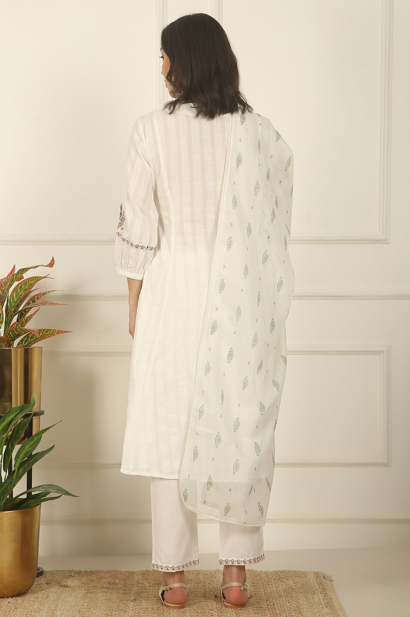 W for Woman White Thread Embroidered Pure Cotton Flared Kurta, Pants and Dupatta Set