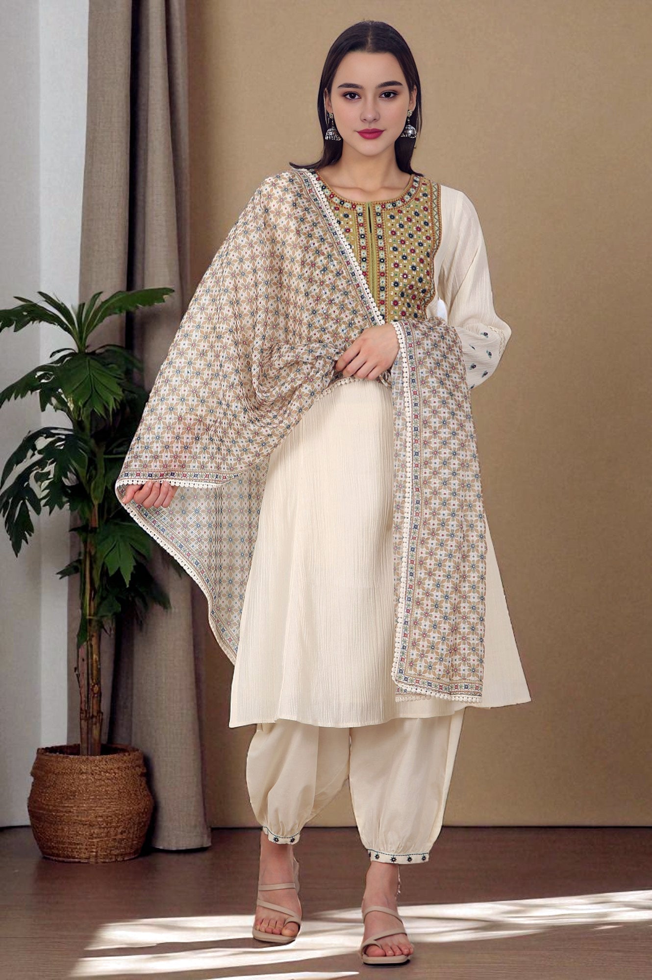 W for Woman White Embroidered Yoke Cotton Crepe A-line Kurta, Pants and Dupatta Set