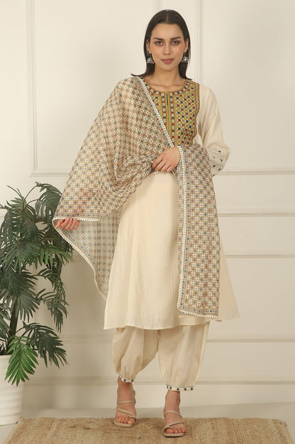 W for Woman White Embroidered Yoke Cotton Crepe A-line Kurta, Pants and Dupatta Set